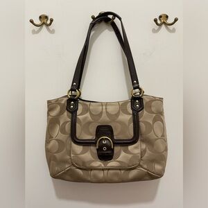 COACH - Campbell Signature Belle Carryall - Khaki/Mahogany - Over the Shoulder